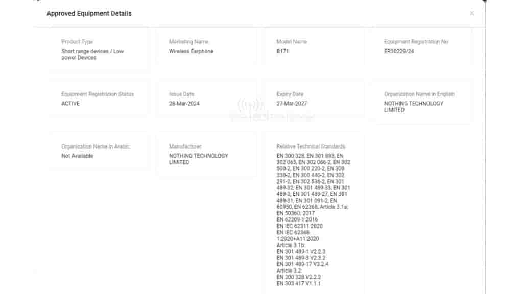 Nothing Earphone - Model Number B171 - TDRA Certification