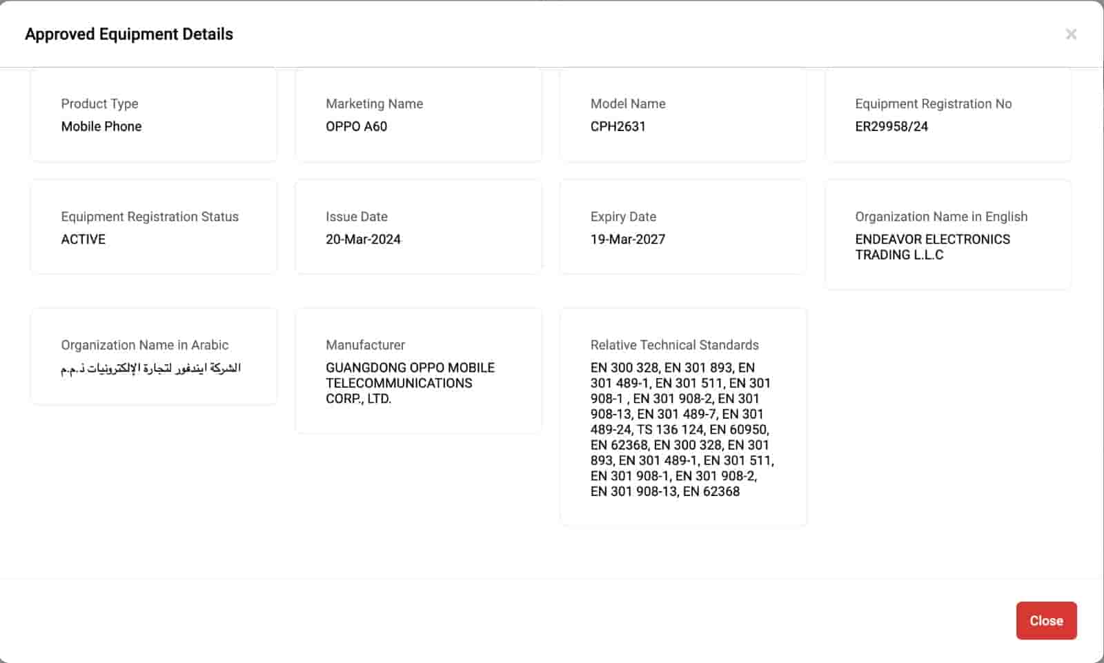 OPPO A60 - TDRA Certification