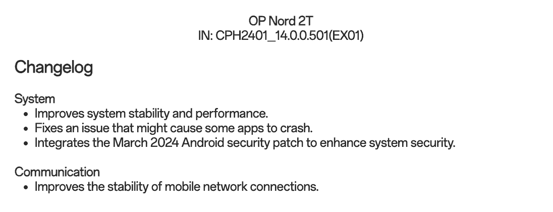 OnePlus Nord 2t March 2024 Update Chnagelog