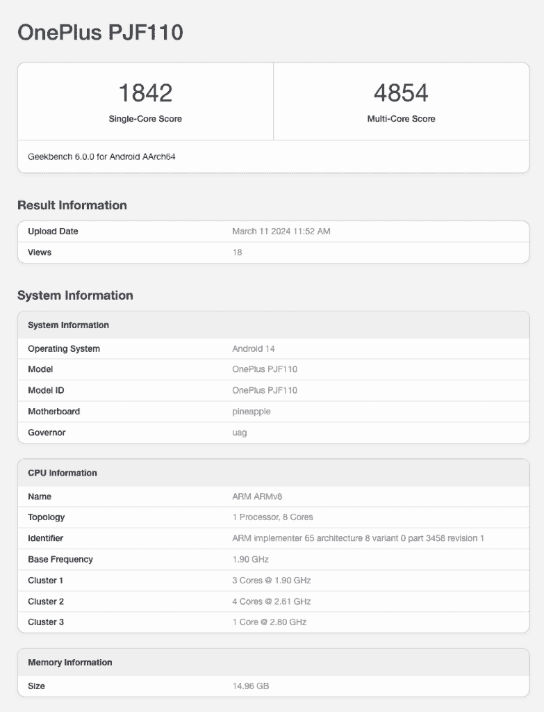 OnePlus ace 3v geekbench