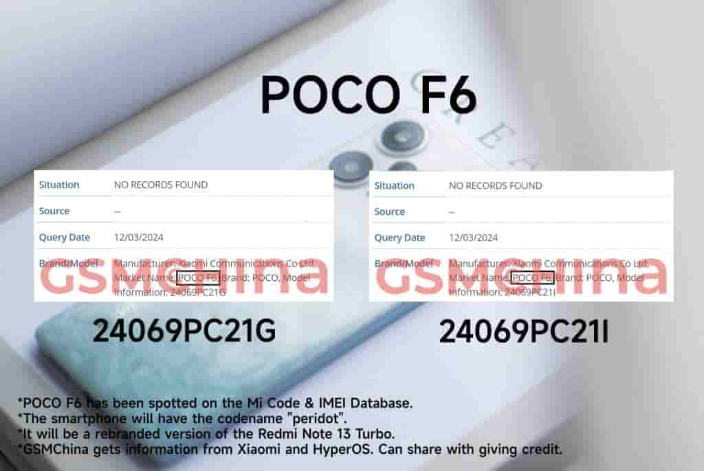 POCO F6 - IMEI and MI Code Listing