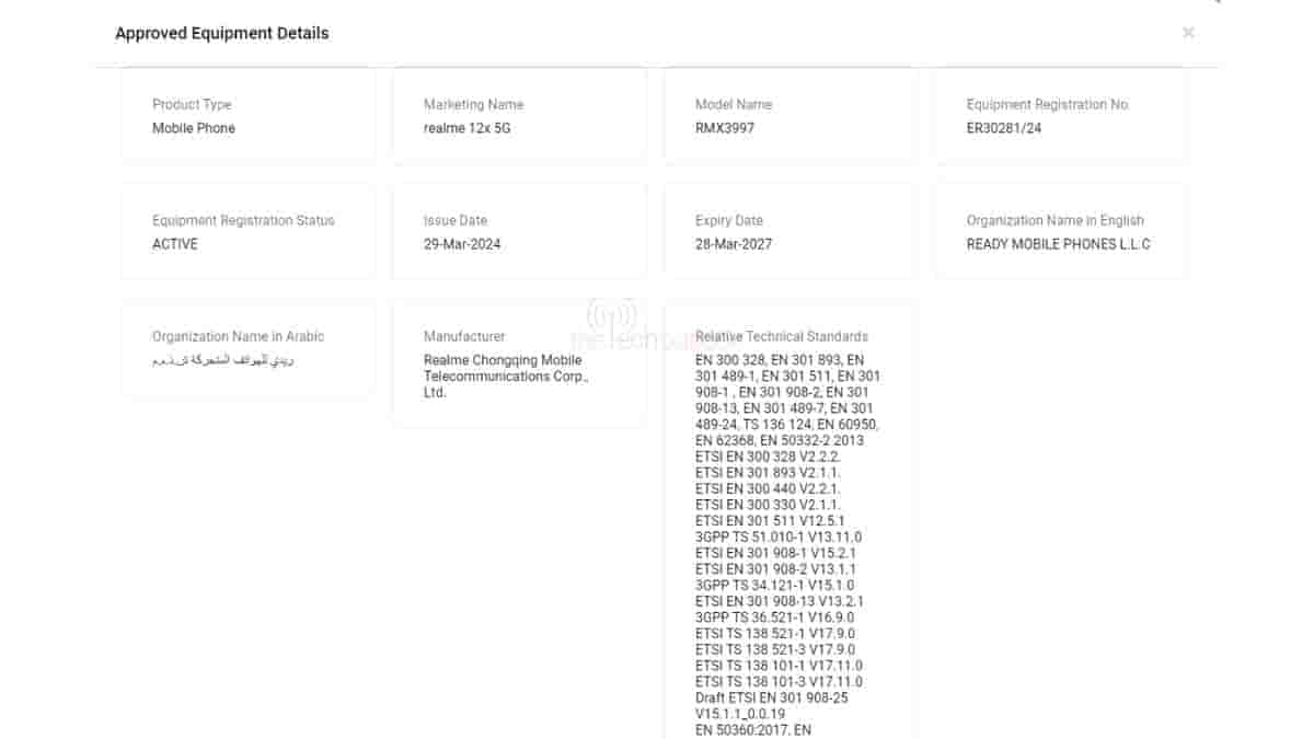 Realme 12x - TDRA Certification