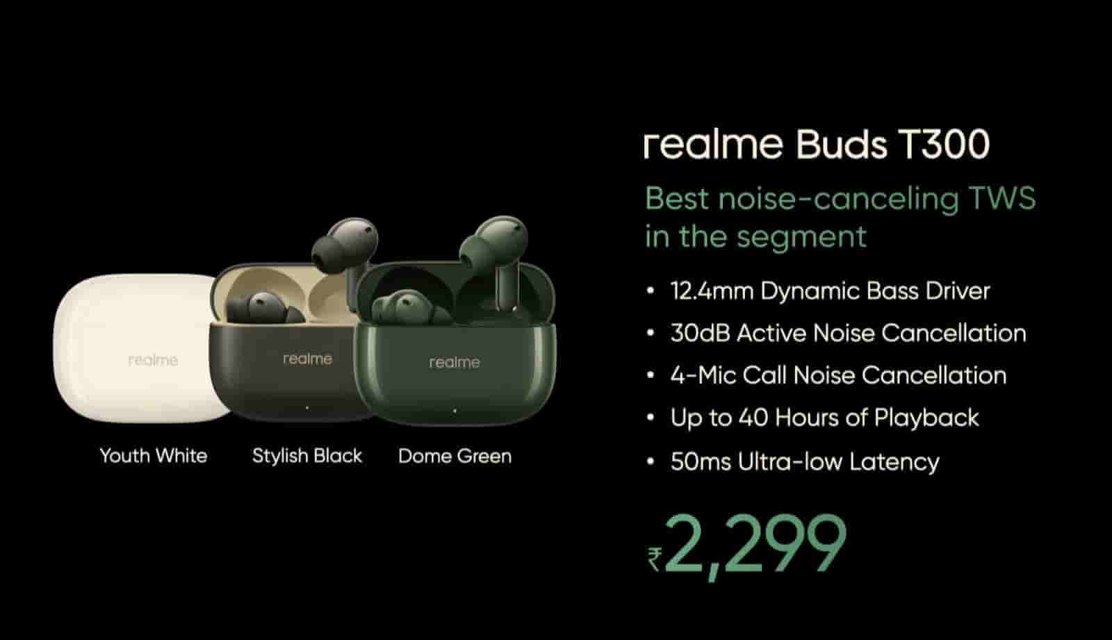 Realme Buds T300 - Dome Green Color Variant - Specs