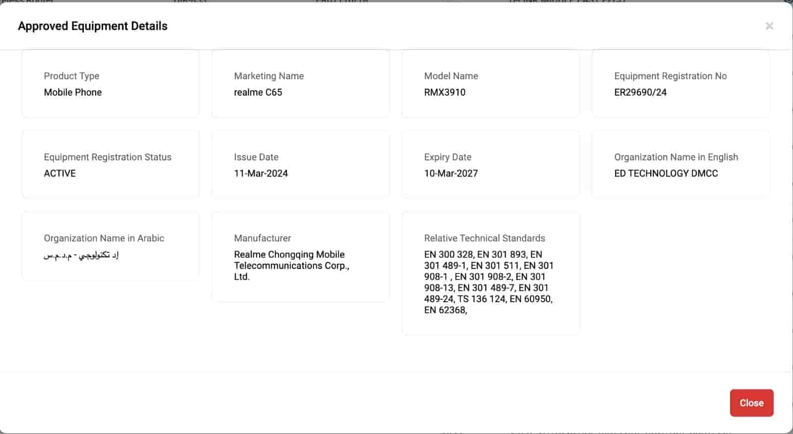 Realme C65 - TDRA Certification