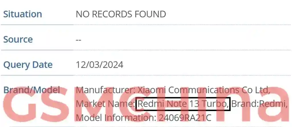 Redmi Note 13 Turbo - IMEI Listing