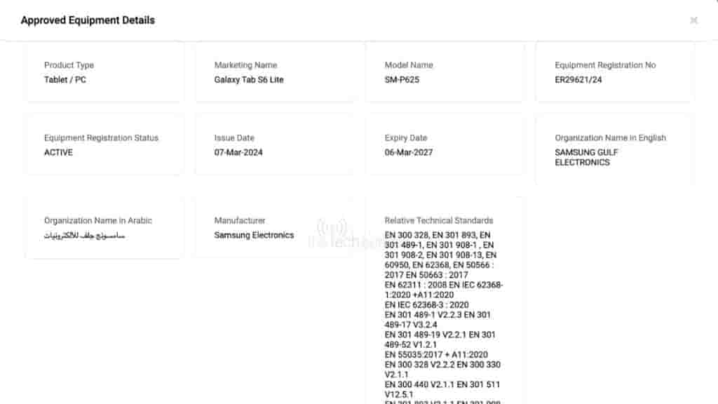 Samsung Galaxy Tab S6 Lite 2024 LTE Model - TDRA Certification