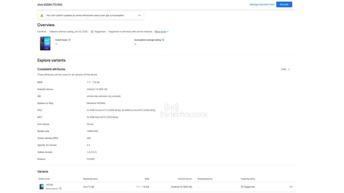 Vivo T3 5g Spotted on Google Play Console