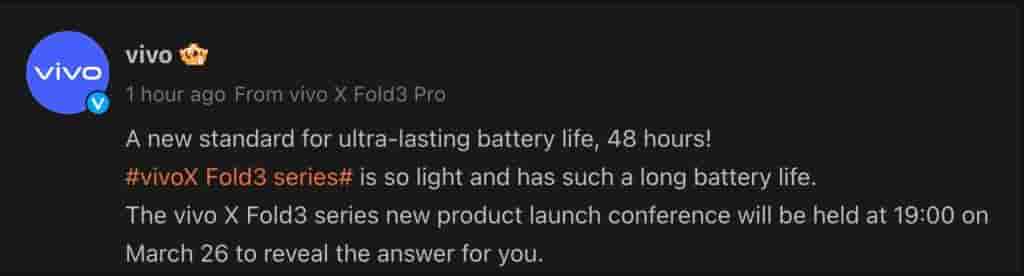Vivo X Fold 3 Pro - Battery Life - Weibo Post