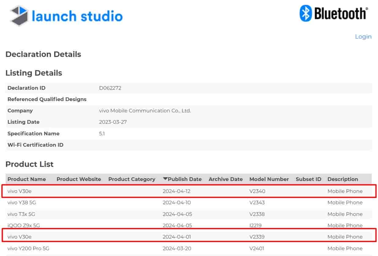 VIvo V30e (V2340) Bluetooth ISG