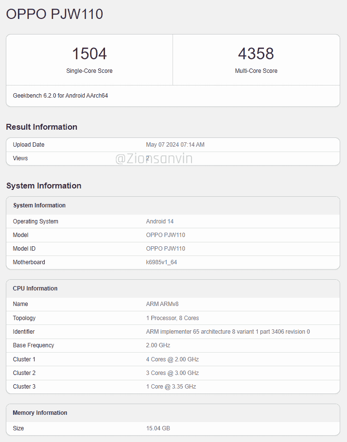 OPPO Reno 12 Pro (PJW110) Geekbench waternarked