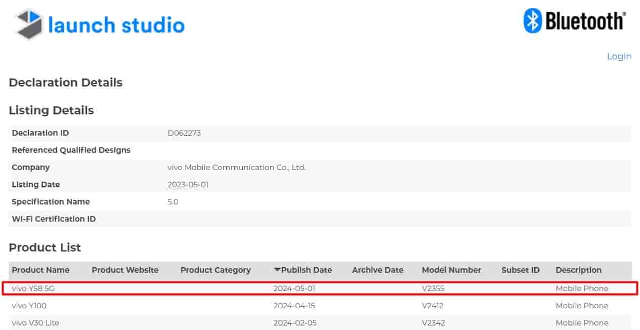 Vivo Y58 5G bluetooth SIG listing