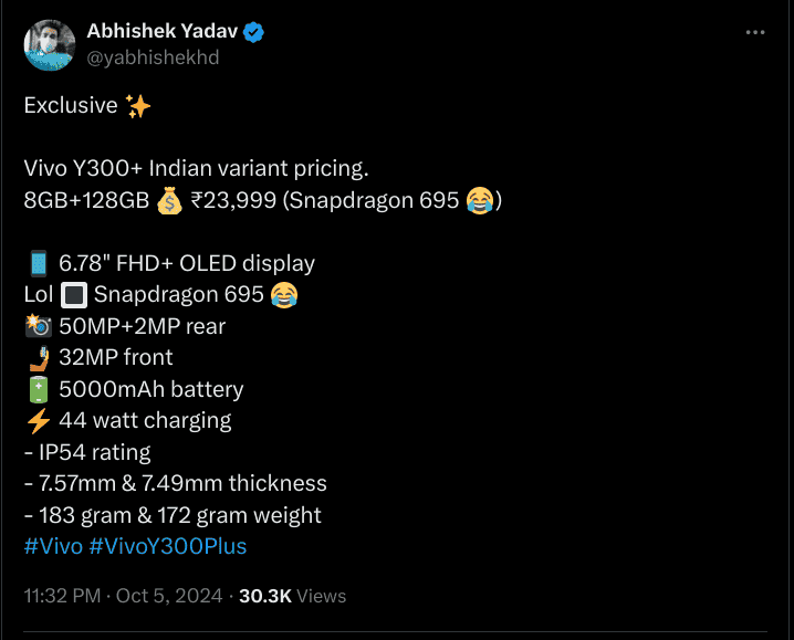 Vivo Y300+ Indian Pricing and Specs