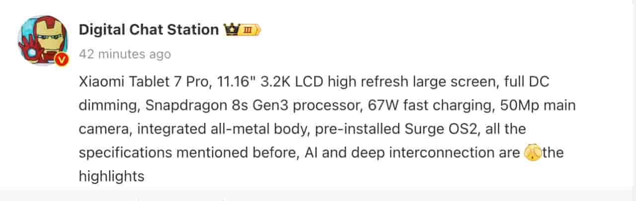 Xiaomi Pad 7 Pro Tablet Tipped Specs - Digital Chat Station - Weibo Post