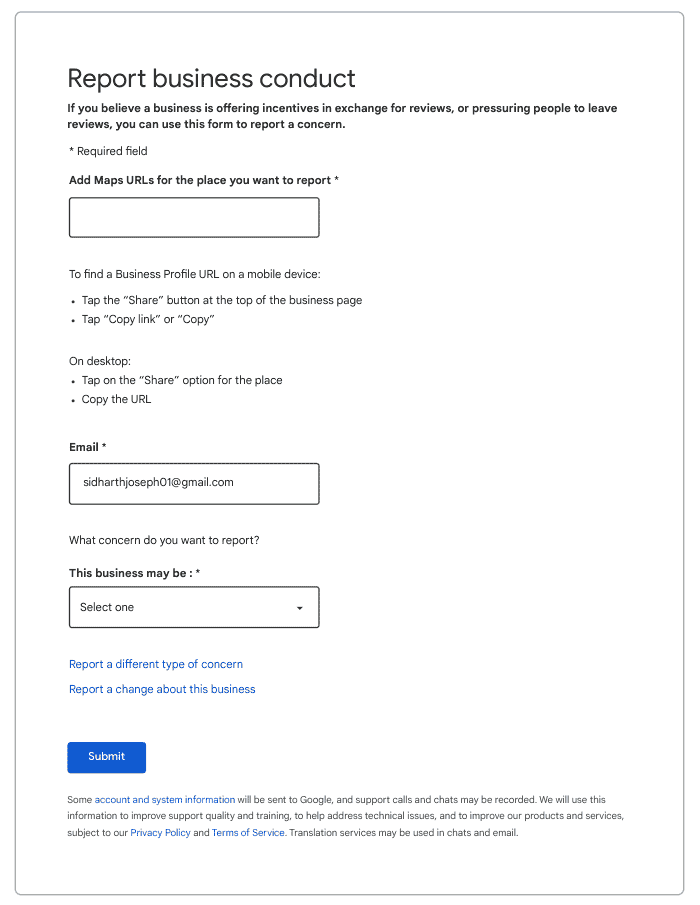 Google Maps - 'Report Business Conduct' Form