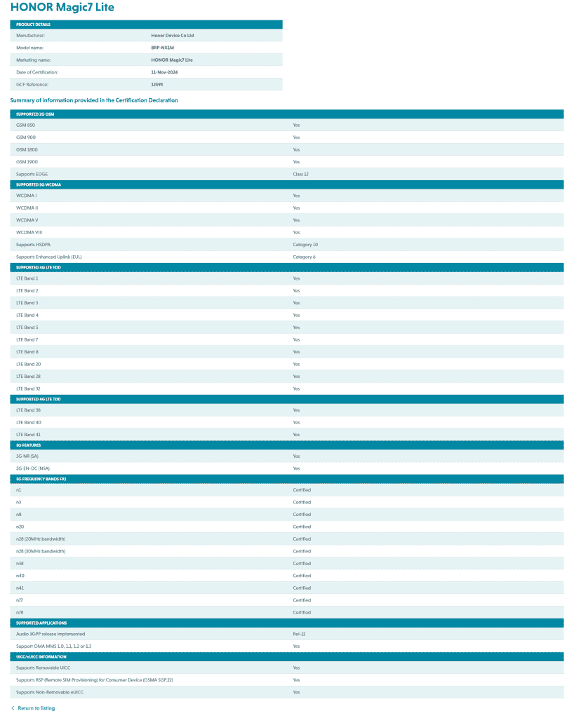 Honor Magic 7 Lite spotted on GCF