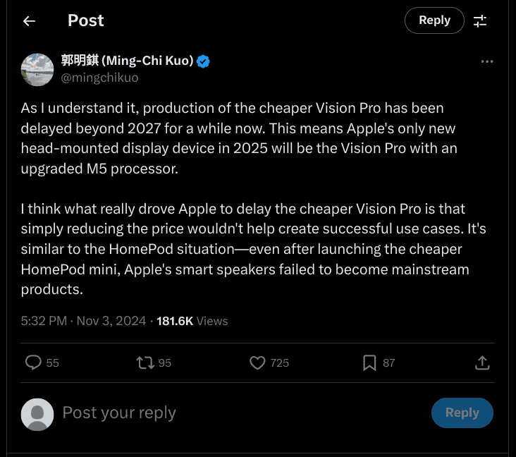 Ming-Chi Kuo - Apple Vision Pro Cheaper Model - X Update