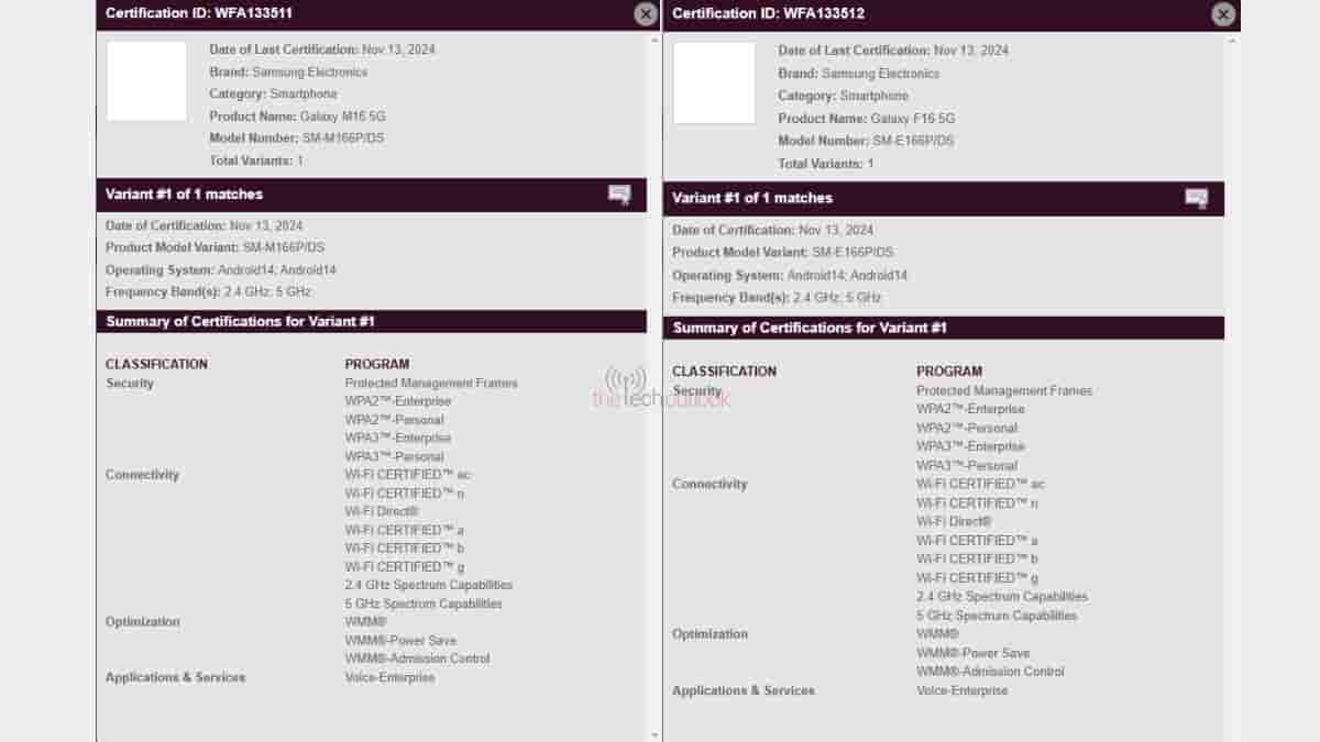 Samsung Galaxy M16 and F16 spotted on Wifi Alliance