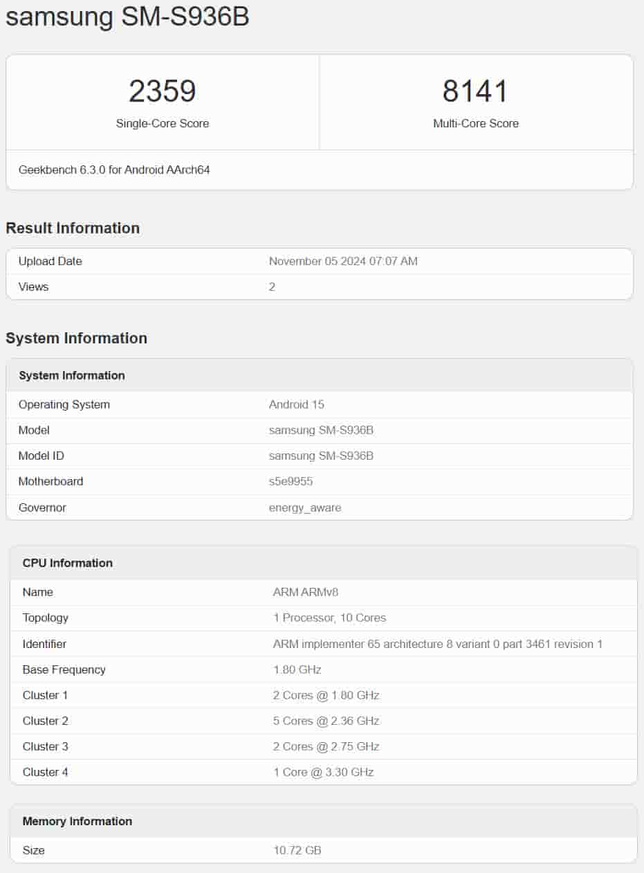 Samsung Galaxy S25+ European Version - Geekbench Listing