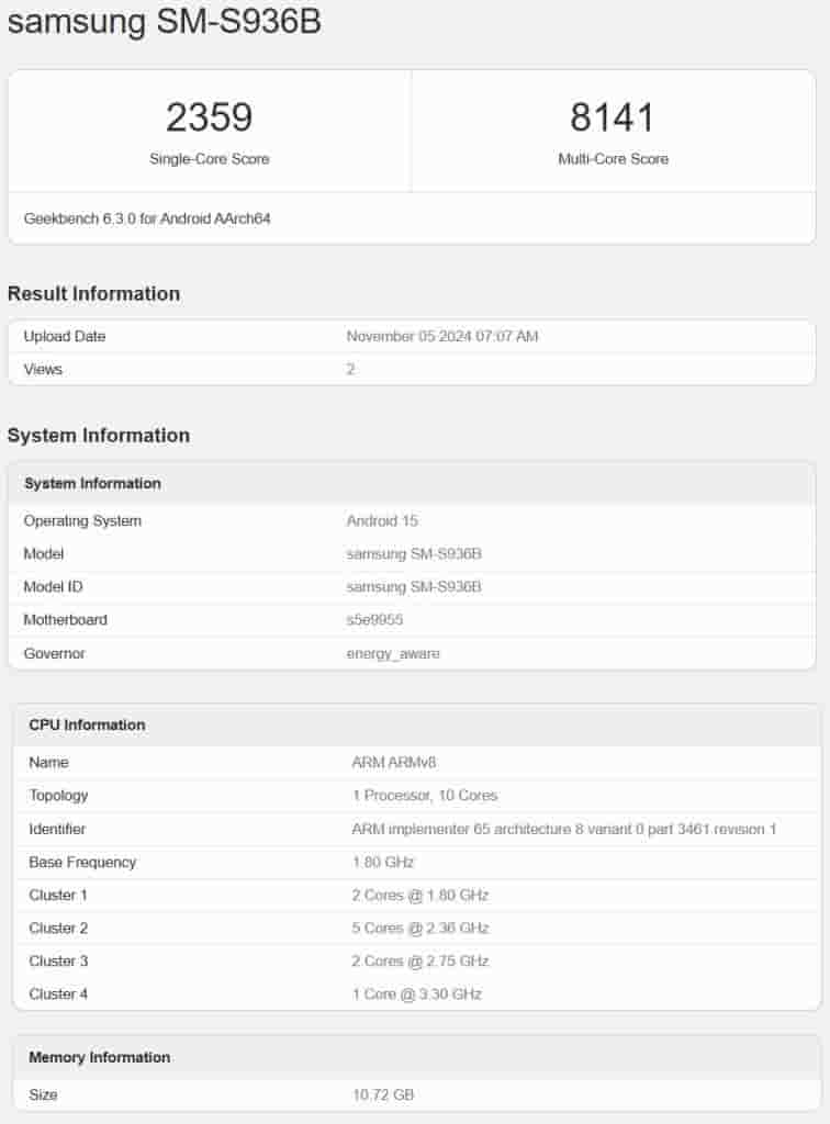 Samsung Galaxy S25+ (SM-S936B) - Geekbench Listing