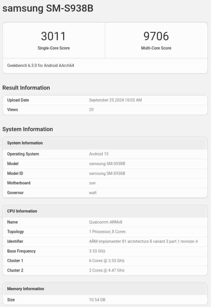 Samsung Galaxy S25 Ultra (SM-S938B) - Geekbench