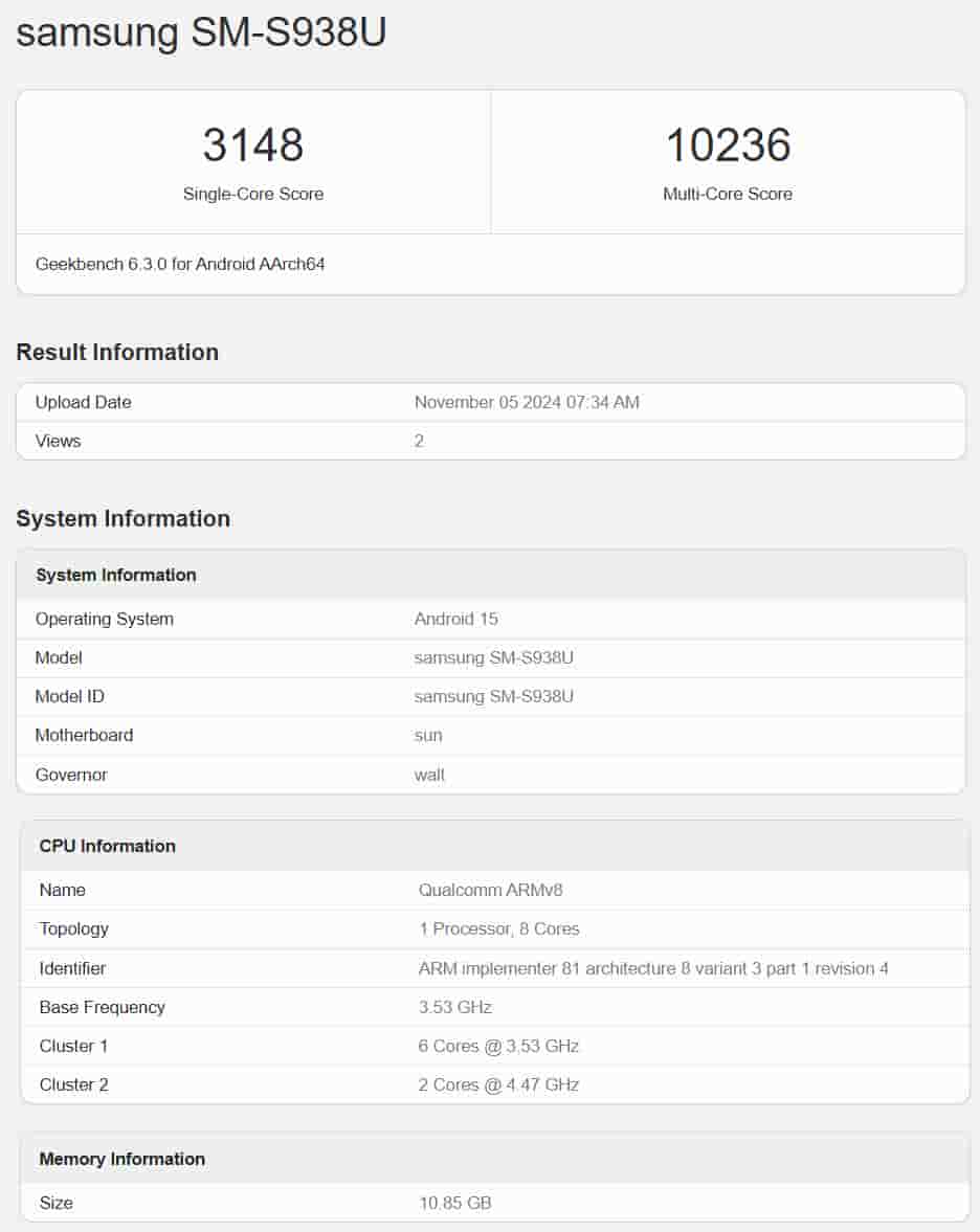 Samsung Galaxy S25 Ultra US Version - Geekbench Listing