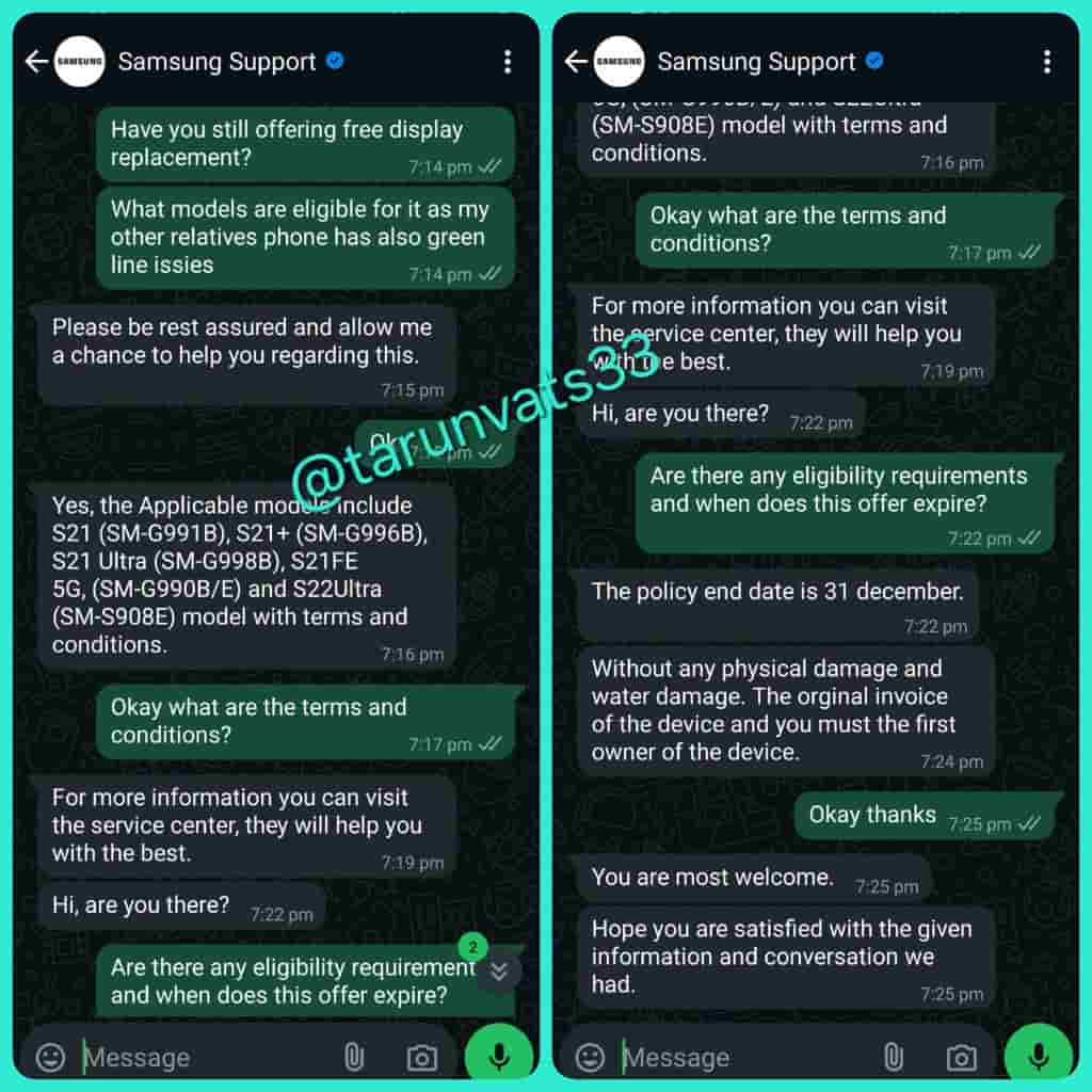 Samsung - One Time Free Screen Replacement - Chat Conversation