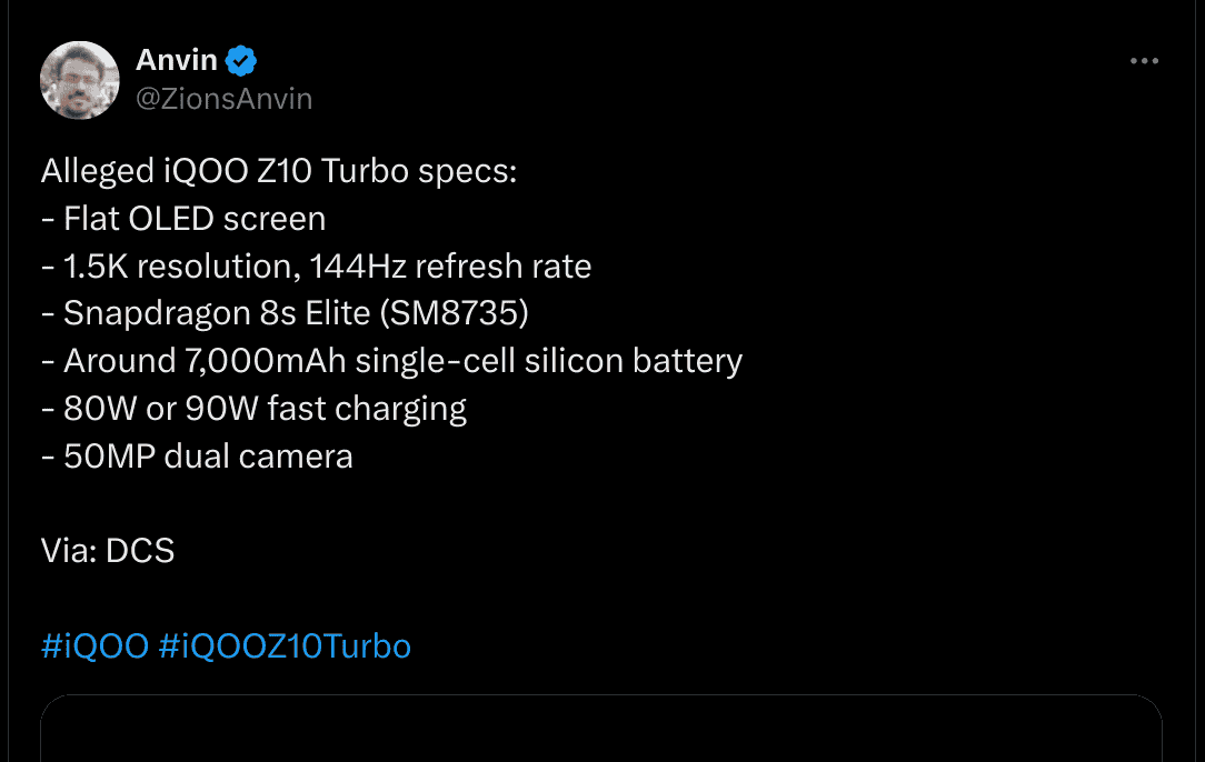 Alleged iQOO Z10 Turbo - Tipped Specifications