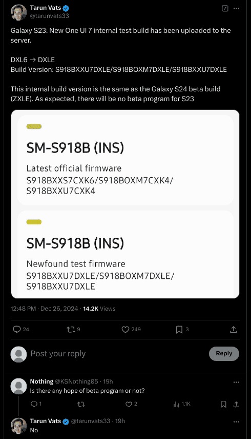 Galaxy S23 - One UI 7 Internal Test Build - X Update
