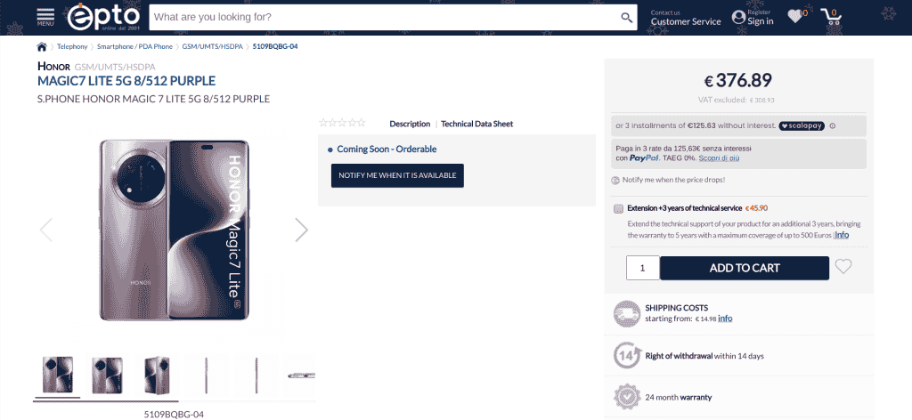 Honor Magic 7 Lite - Purple - 8GB.512GB - Listing