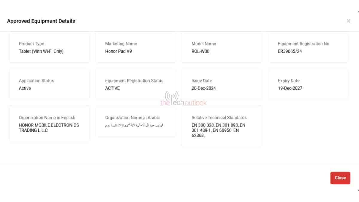 Honor Pad V9 spotted on TDRA