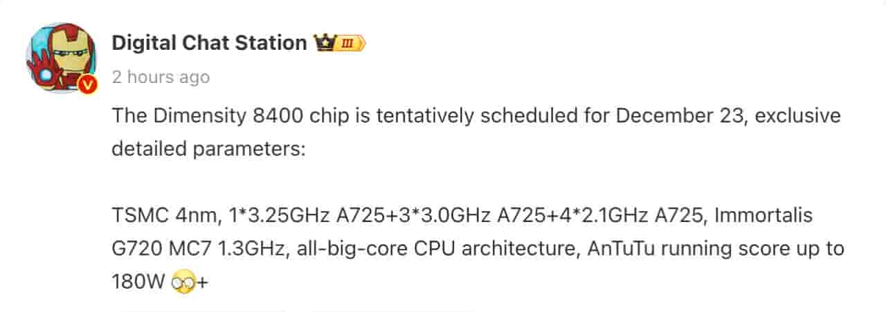 MediaTek Dimensity 8400 Chip - Tipster Digital Chat Station - Weibo Post