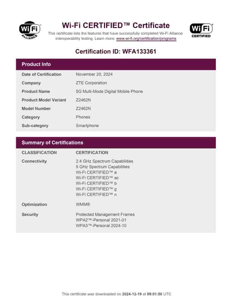 Nubia Focus 2 5G - Wi-Fi Alliance Listing (1)