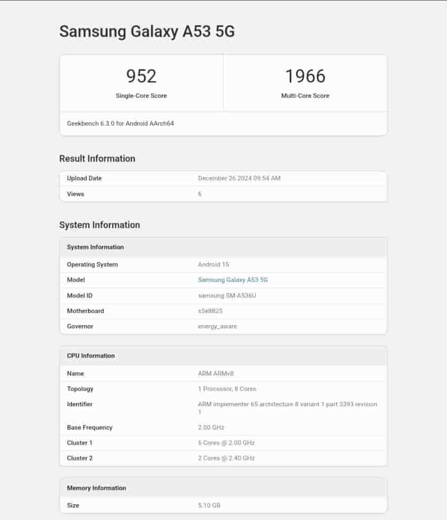 Samsung Galaxy A53 - With Android 15 based One UI 7 - Spotted on Geekbench