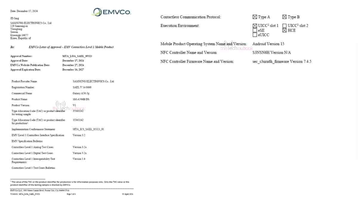 Samsung Galaxy A56 on EMVCO