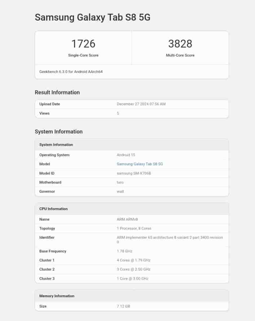 Samsung Galaxy Tab S8 (5G) x Android 15 based One UI 7 - Geekbench Listing