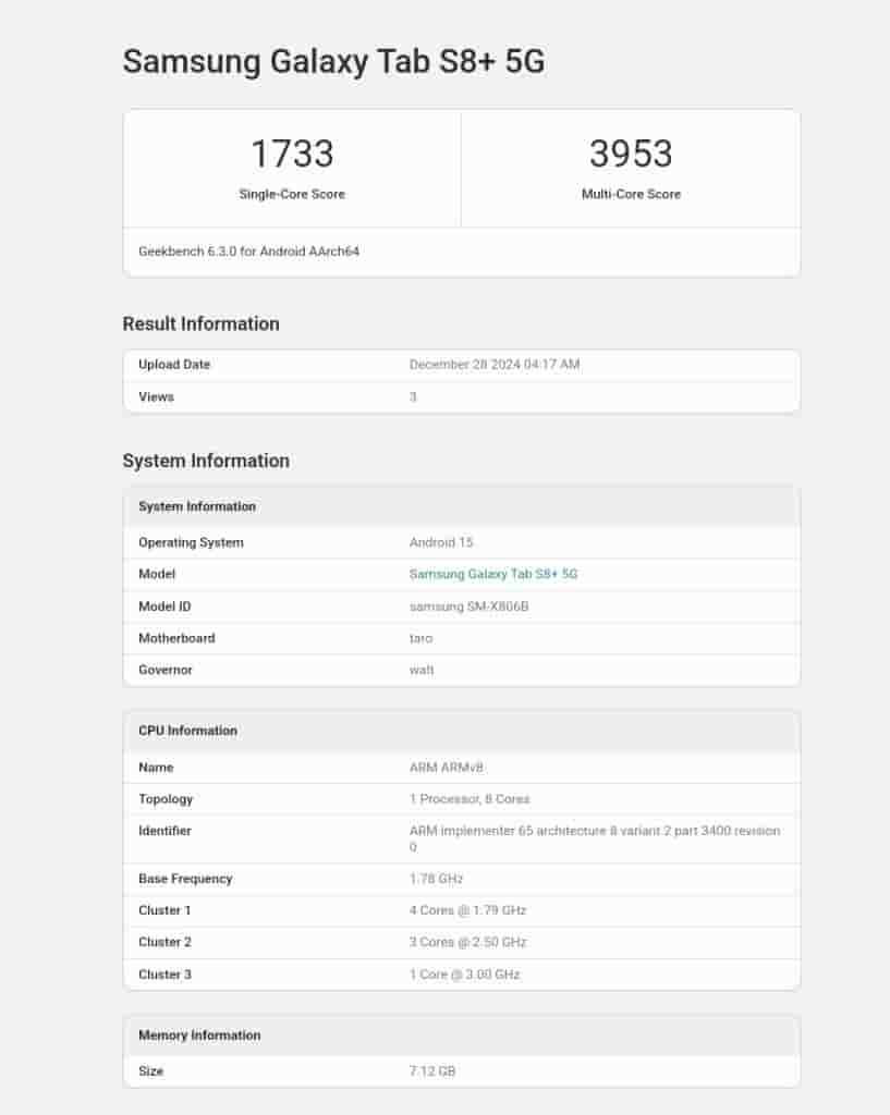 Samsung Galaxy Tab S8+ (5G) x Android 15 based One UI 7 - Geekbench Listing