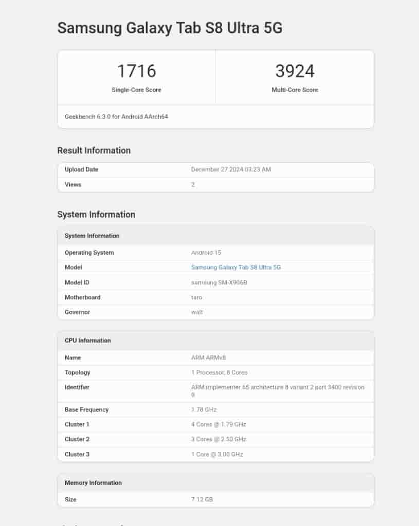 Samsung Galaxy Tab S8 Ultra (5G) x Android 15 based One UI 7 - Geekbench Listing