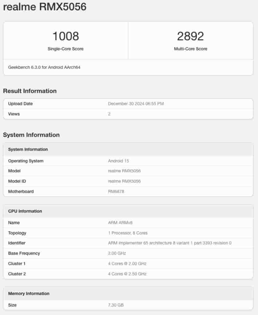 Alleged Realme 14 Pro - RMX5056 - Geekbench Listing
