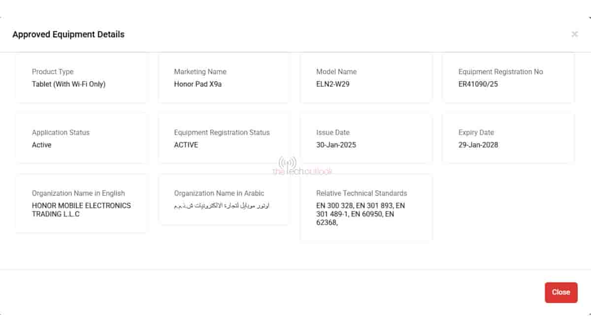 Honor Pad X9a spotted on TDRA