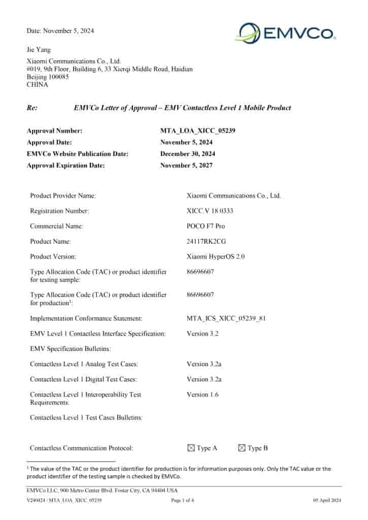 POCO F7 Pro - EMVCo Letter of Approval (1)