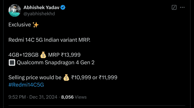 Redmi 14C 5G Indian Variant MRP - Tipped - X Post