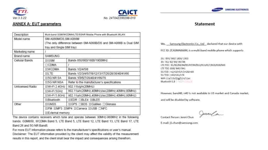 Samsung Galaxy A06 5G on FCC