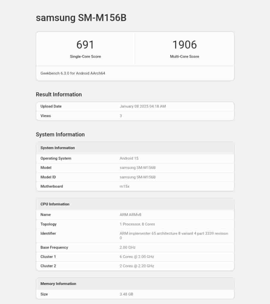 Samsung Galaxy M15 on Geekbench with Android 15