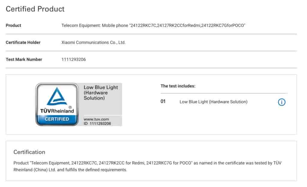 TUV Rheinland Low Blue Light Certification