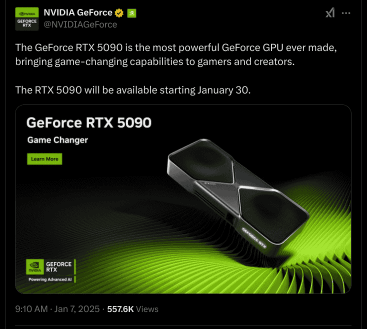 The RTX 5090 will be available starting January 30 - X Post