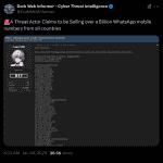 Threat Actor Selling Over 1 Billion WhatsApp Numbers - X Post