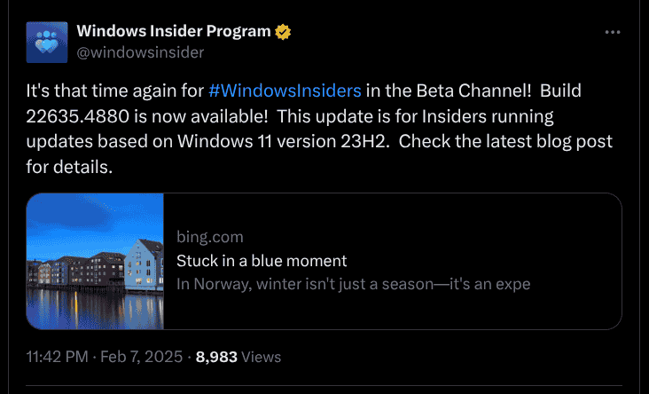 Announcing Windows 11 Insider Preview Build 22635.4880 (Beta Channel) - X Post