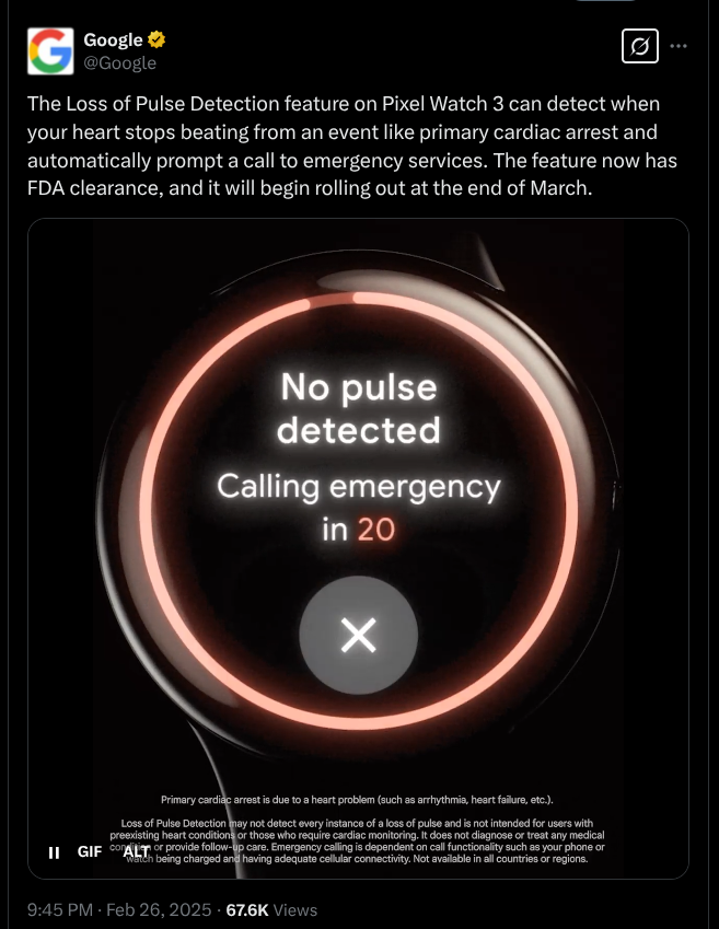 FDA Cleared Loss of Pulse Detection Feature on Pixel Watch 3 - X Post