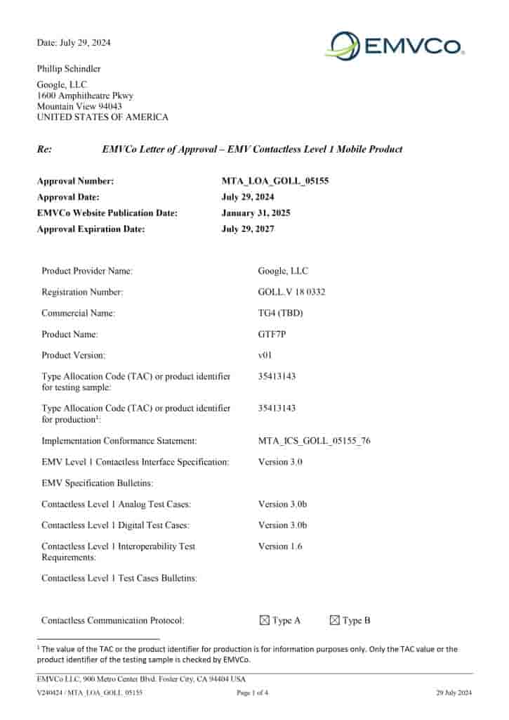 Google 'GTF7P' - EMVCo Certification Listing (1)