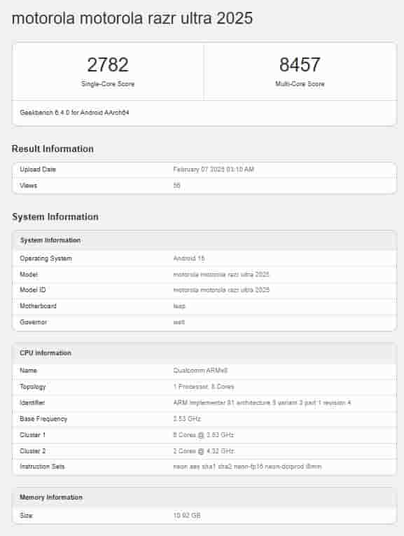 Motorola Razr Ultra 2025 - Geekbench Listing